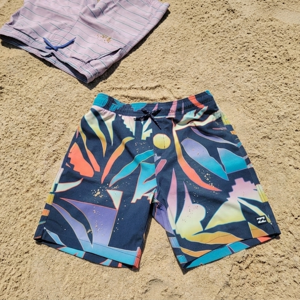 Billabong Multicolor Elastic-Waist Swim Shorts — Navy, Teal, Coral